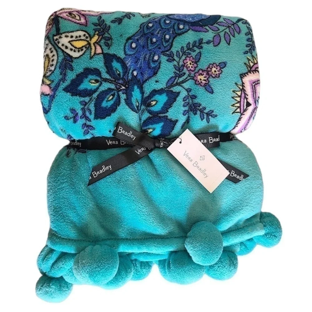 Vera Bradley Peacock Garden Whimsy Pom Throw Blanket 80